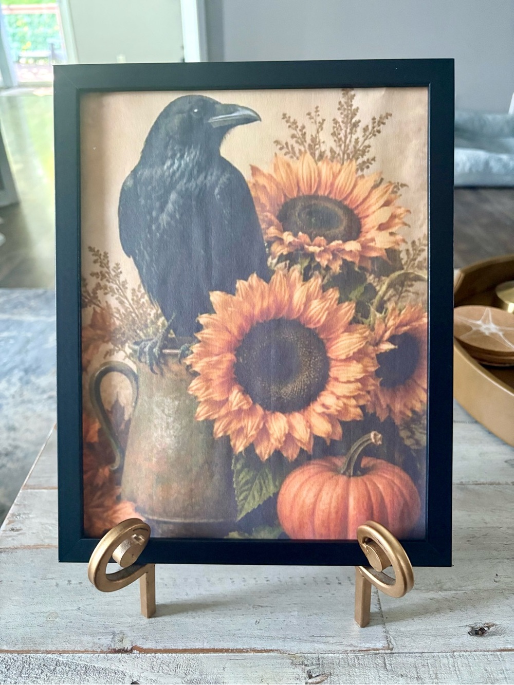 Black-Framed Autumn Sunflowers & Raven 8x10 Wall Art - Seasonal Home Decor